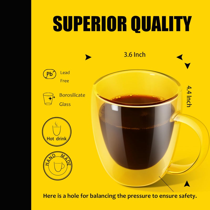 PunPun Coffee Cups Clear12.9OZ. 380ml Coffee Mugs, Espresso Cups,Double Wall Milk Cup with Big Handle,Perfect Mug for Hot Beverages, Latte, Cappuccinos Set of 2 - Image 4